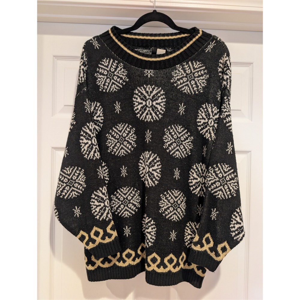 Vintage Trimmings Snowflake Sweater Womens M Black Gold 80s 90s Christmas